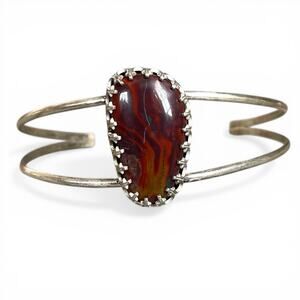 Sterling Silver Red Agate Cuff Bracelet 925 Bezel Statement 6.75” Adjustable
